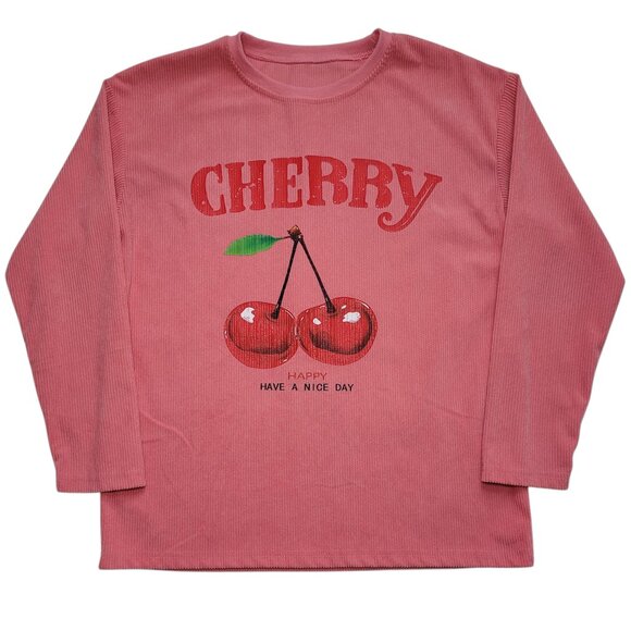 SHEIN Tops - SHEIN Cherry Graphic Long Sleeve Corduroy Top Pink Pullover Drop Shoulder Small